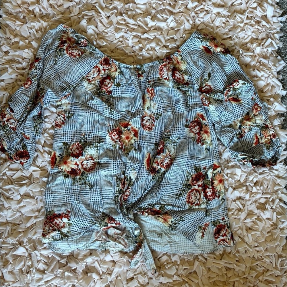 Macy's Floral Plaid Off-Shoulder Blouse
